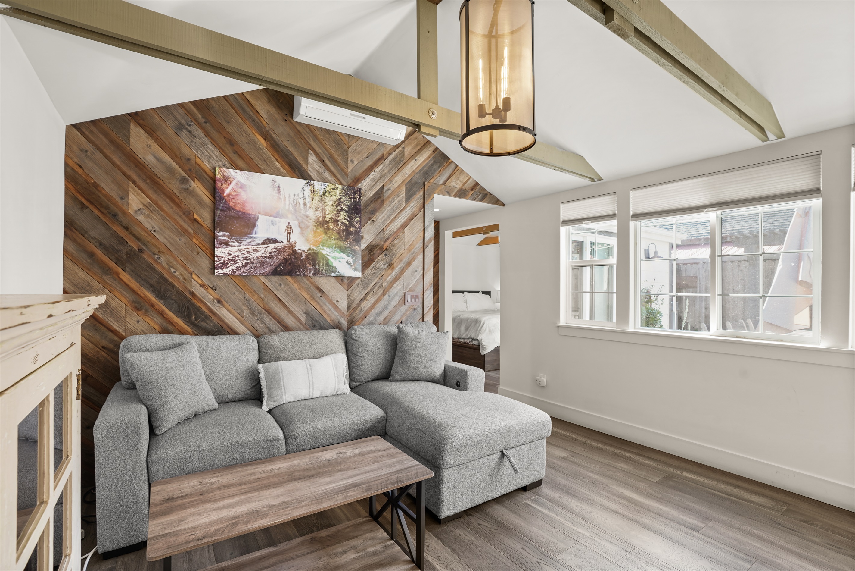 Living room with smart TV and sleeper couch