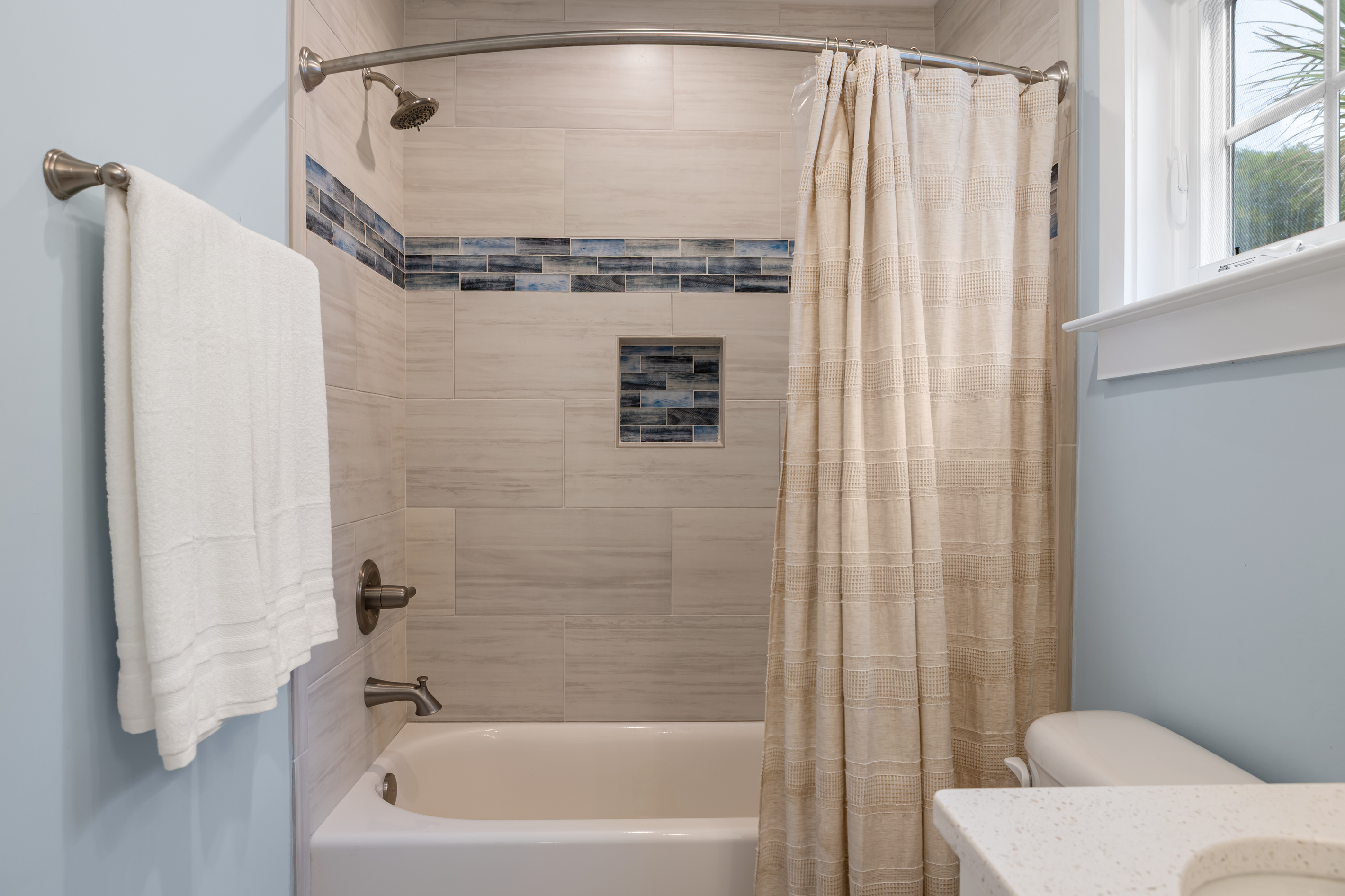 Bath linens and starter soaps provided