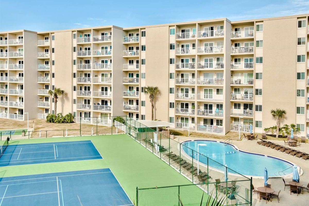 Pool and Tennis/Pickleball court views from the 4th floor private balcony - keep on eye on the kiddos from above!