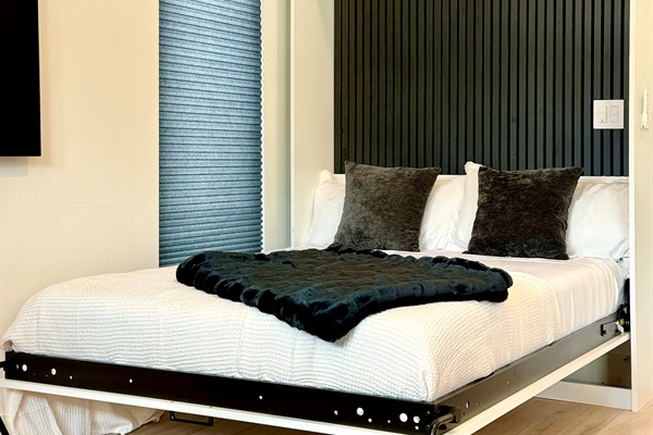 Full sized murphy bed in the down position