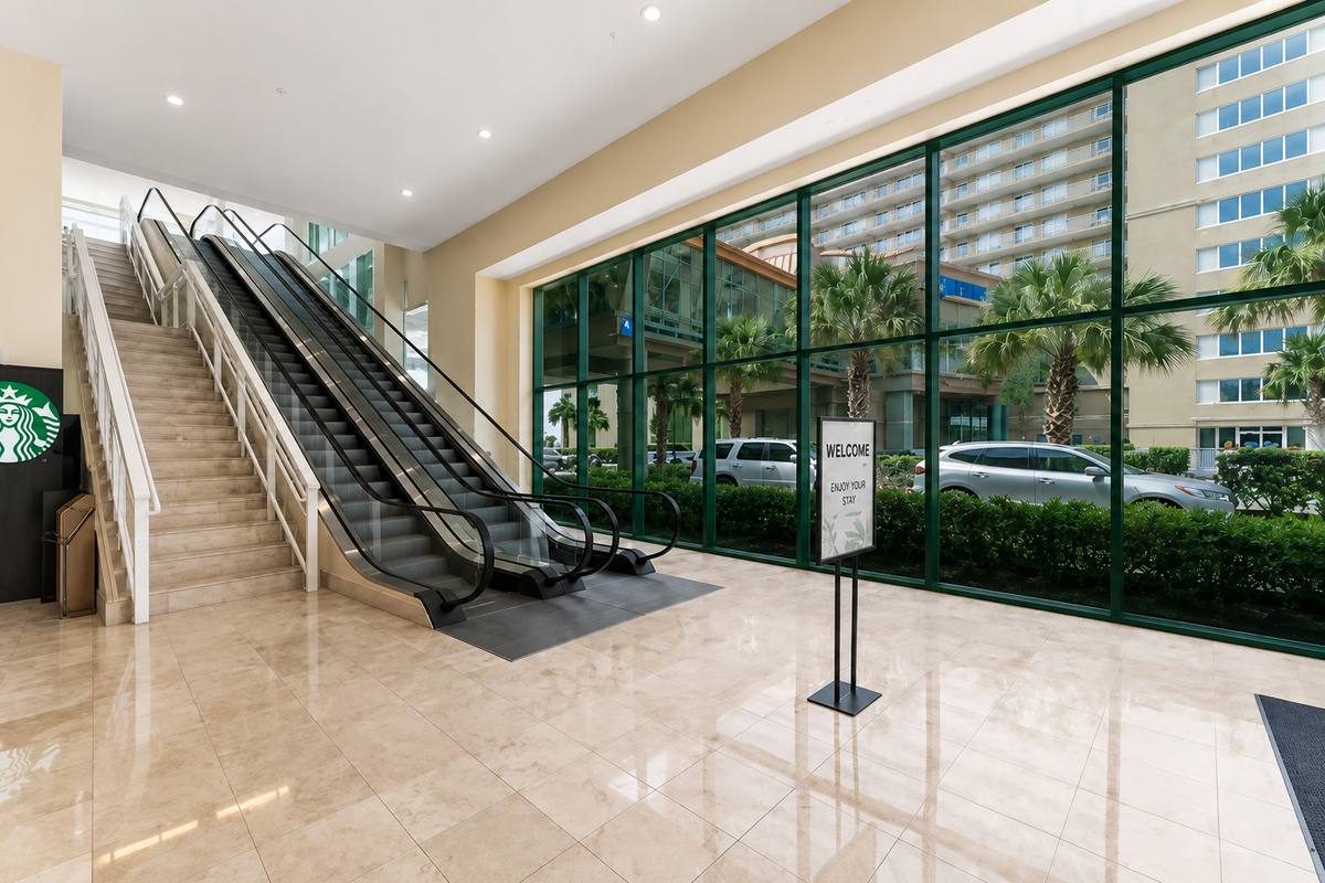 Building offers stairs, escalators and elevators