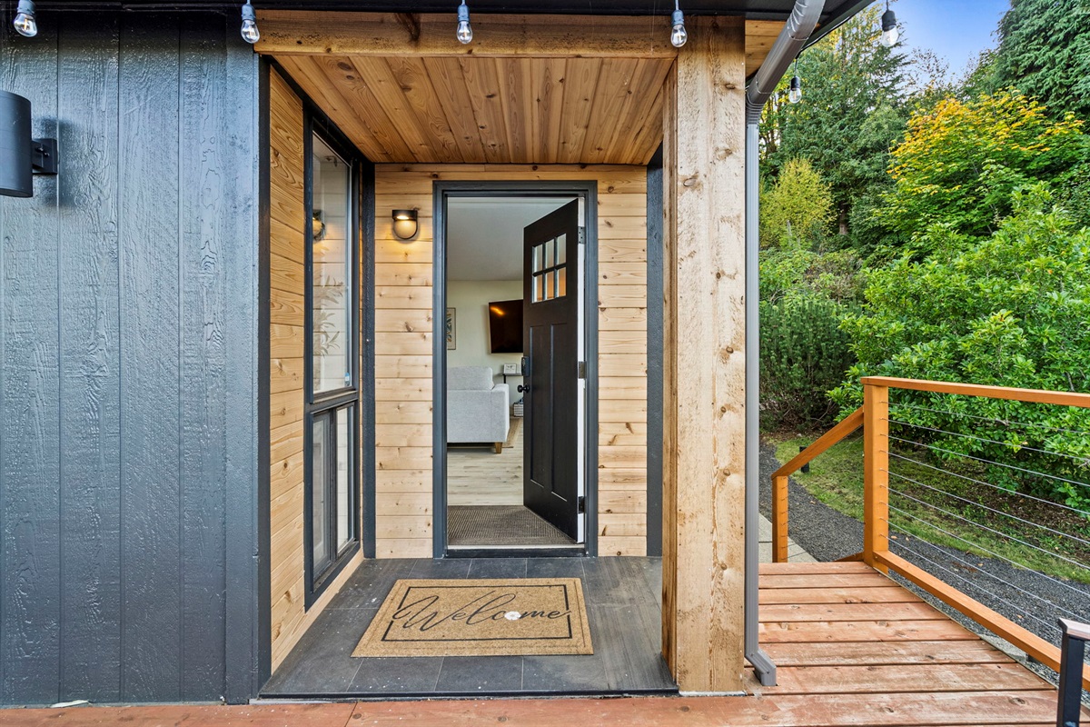 Step inside through the cedar-lined doorway—your peaceful retreat begins here
