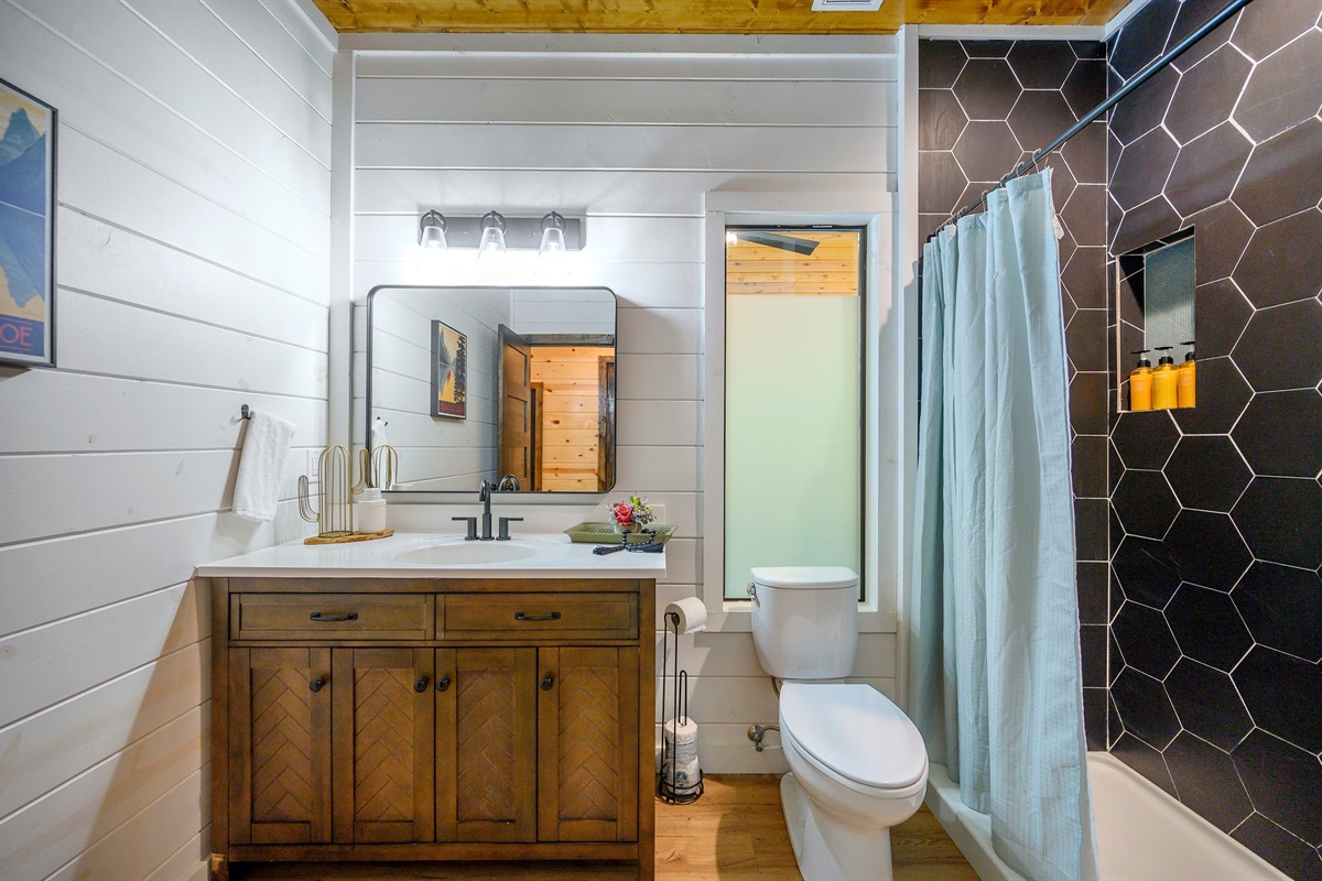 Downstairs bath with full shower.