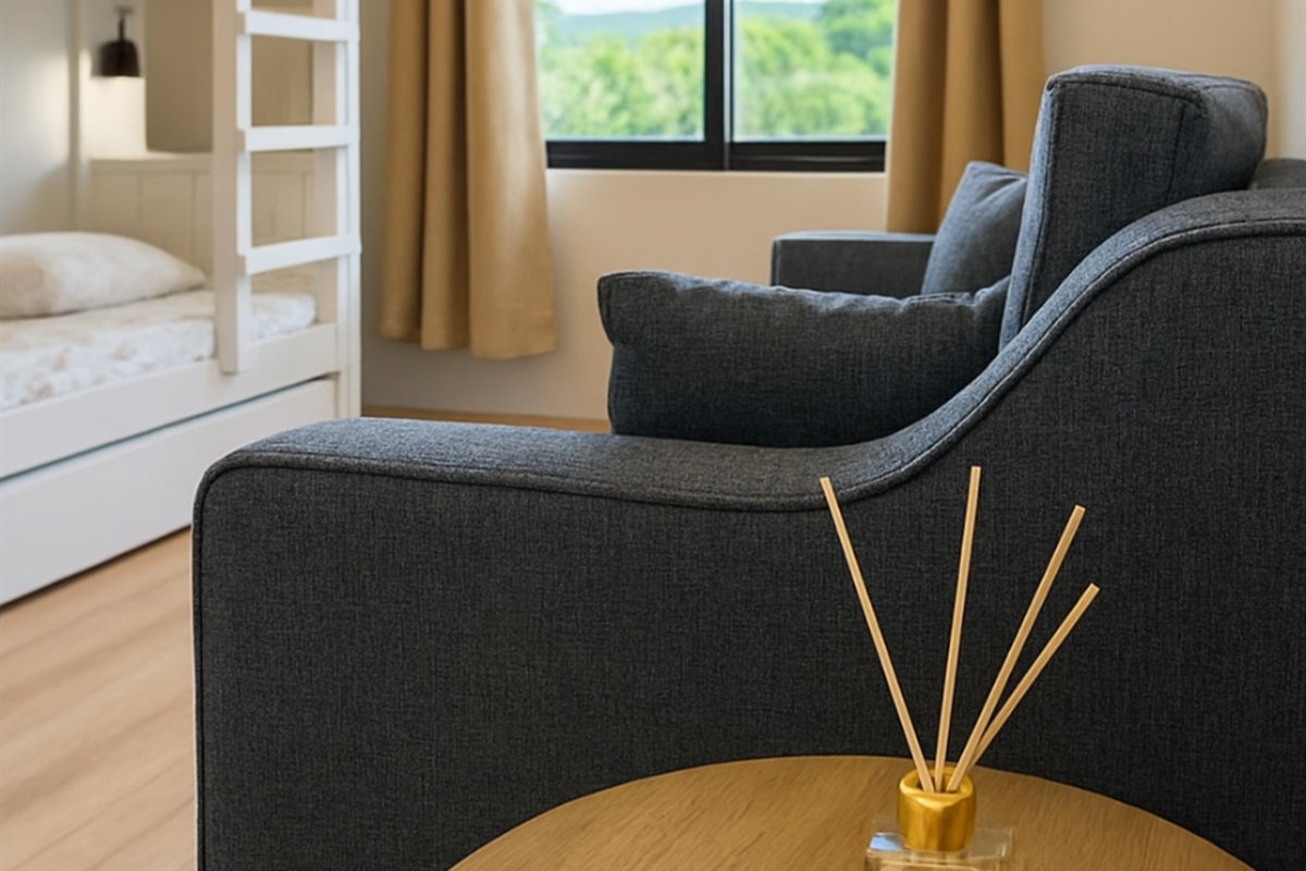 Includes a cozy sofa area perfect for unwinding.