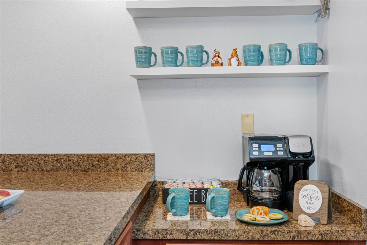 This charming coffee nook comes complete with mugs, and everything you need to start the day on a cozy note.