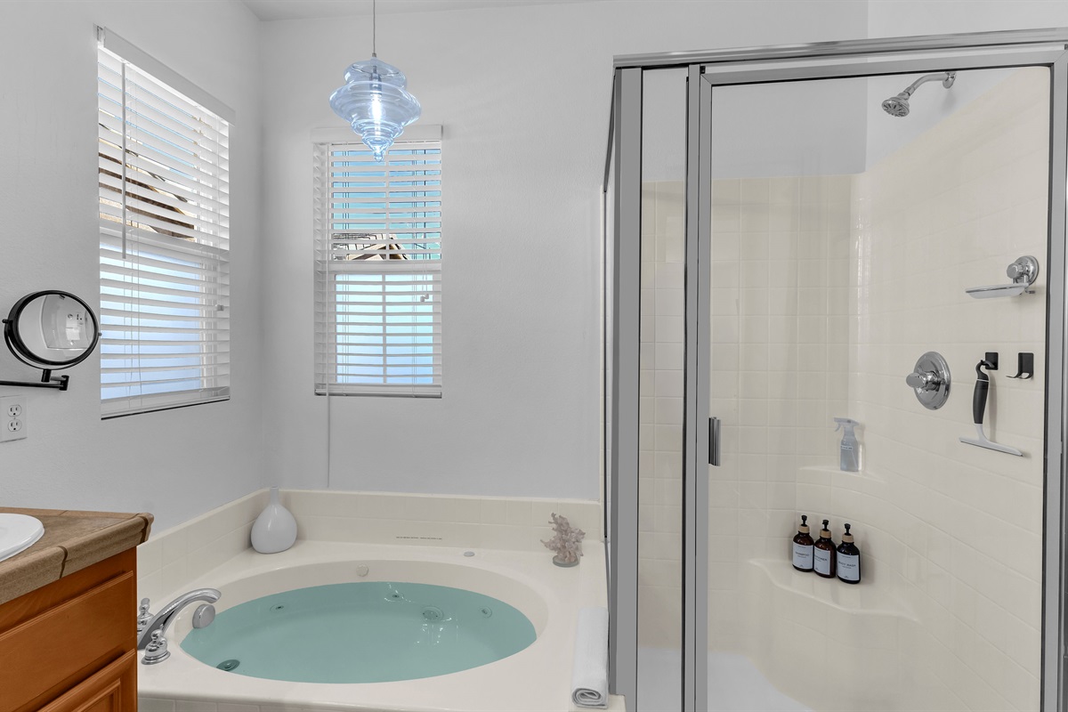 Glass-enclosed shower and jetted soaking tub offer spa-like relaxation