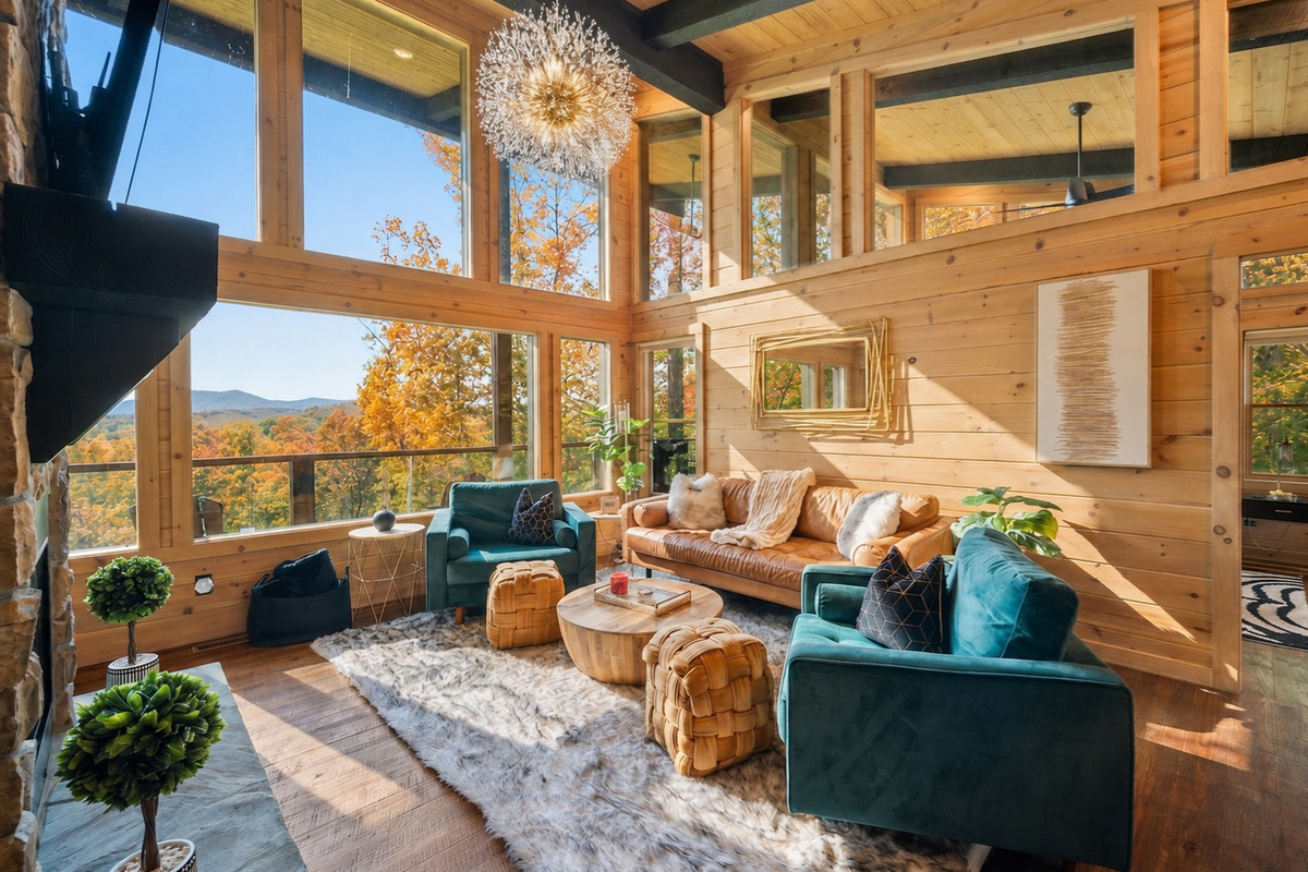The bright and airy living room is the centerpiece of comfort, with floor-to-ceiling windows that bring the stunning natural surroundings indoors.