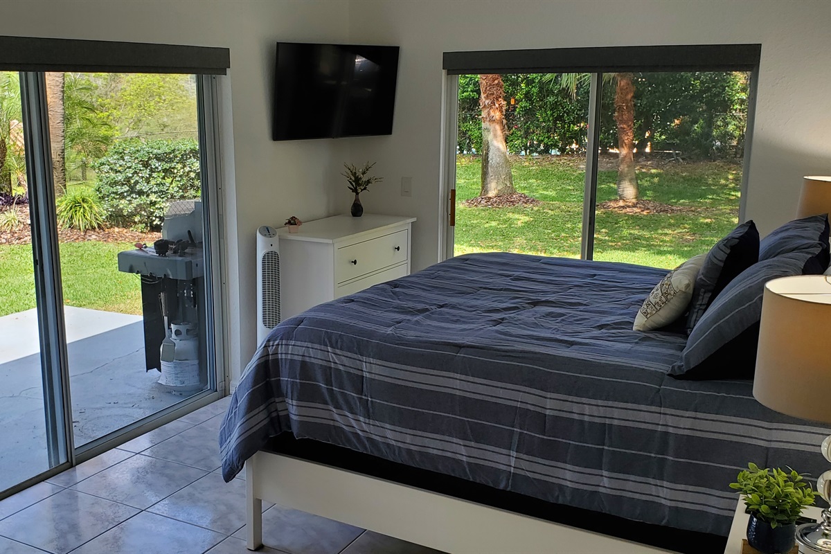 King bedroom with smart TV and backyard access