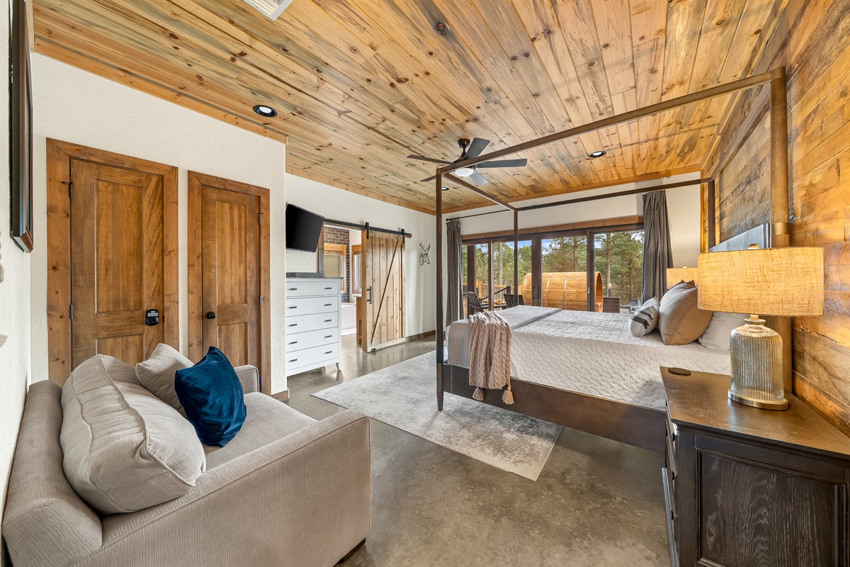 Spacious king suite with luxury finishes and direct deck access.