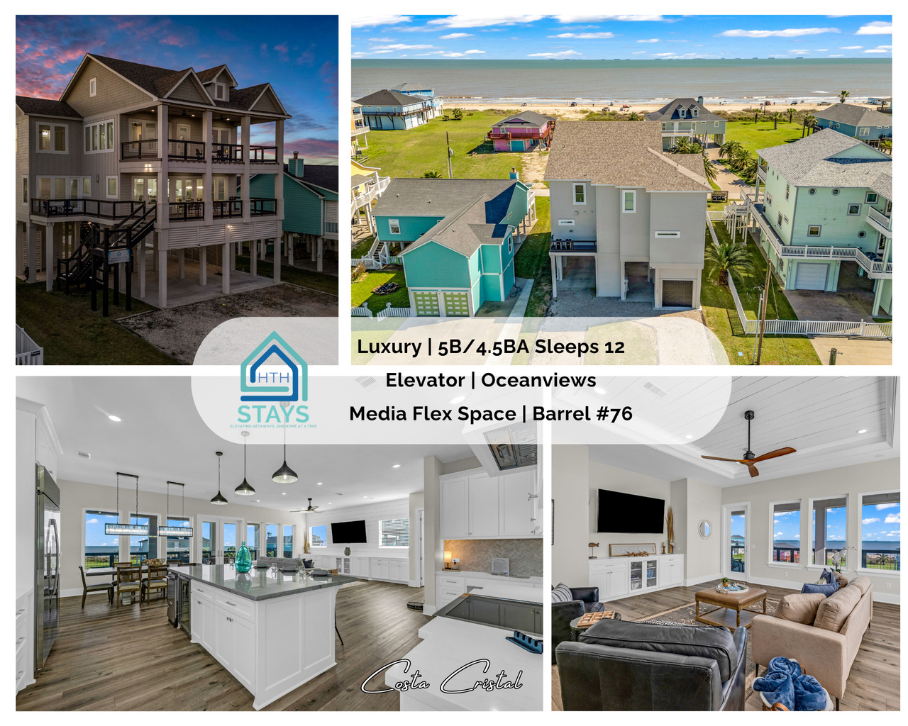Costa Cristal Exterior: Experience a luxurious beach house with a private elevator, gourmet kitchen, and flexible media space perfect for relaxing or entertaining.
