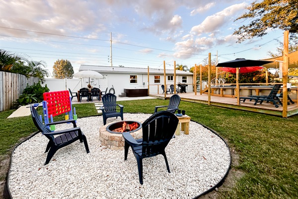 Fire Pit & Seating, Patio Table with Umbrella, Hot Tub & Yard