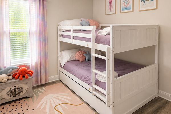 Bunk Room with color-changing LED ceiling fan