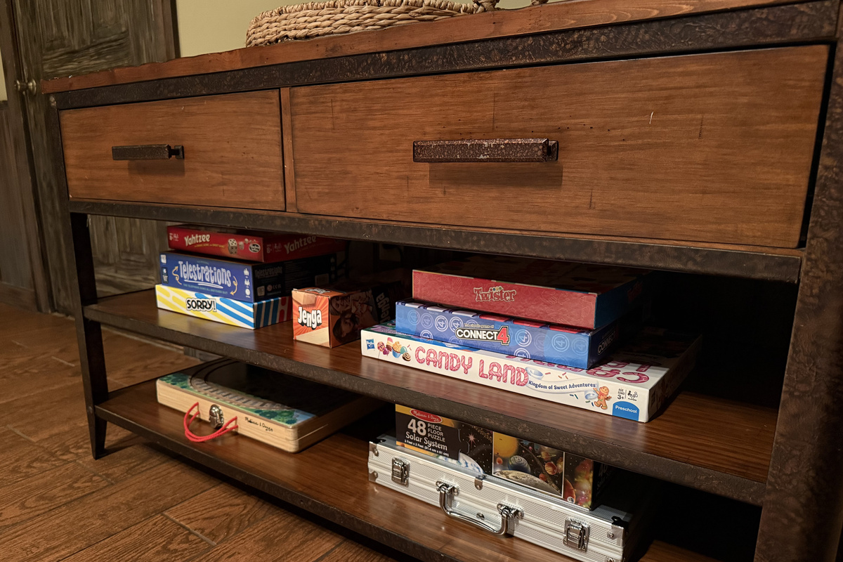Game night ready with board games, cards, and a poker set