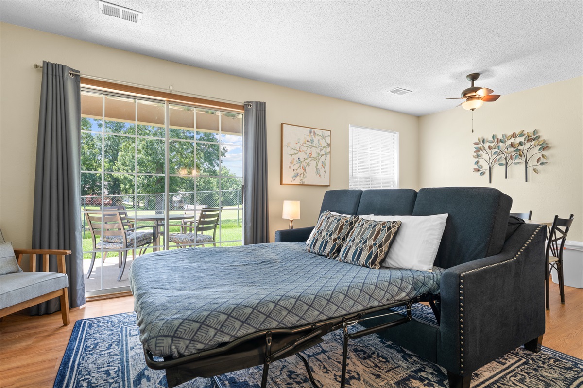 Sleeper sofa provides extra space for family or friends.