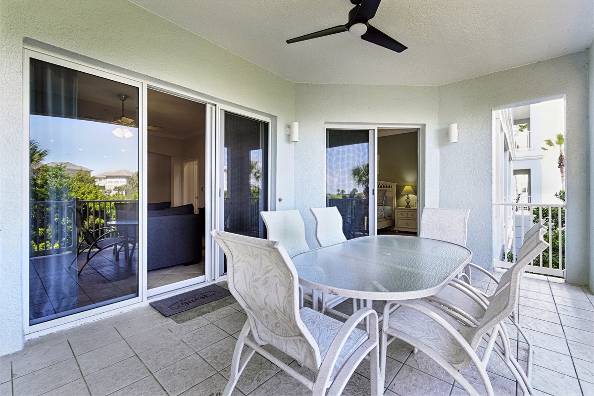 A perfect shaded balcony for morning coffee or sunset drinks—complete with a ceiling fan, comfy seating, and peaceful tropical views. 🌴☕🌅
