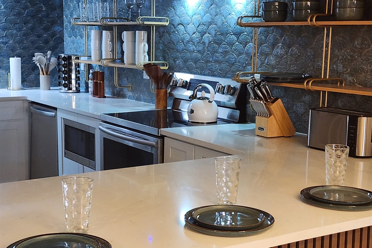 At night the kitchen downlighting creates a really calming vibe