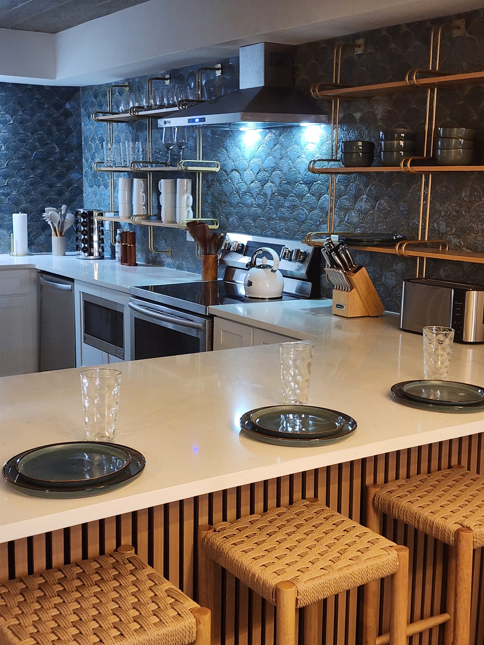 At night the kitchen downlighting creates a really calming vibe
