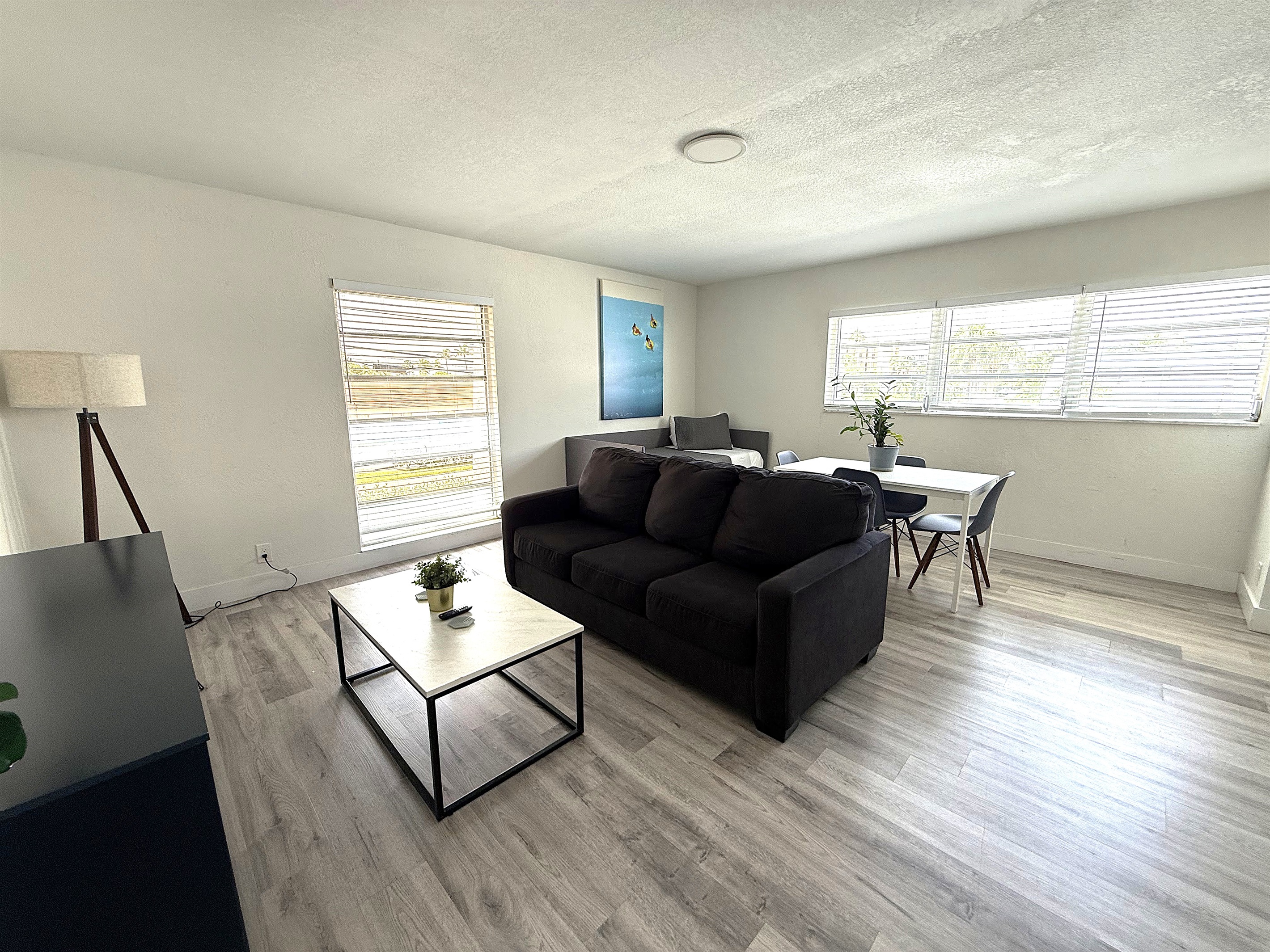 Wide view of living room and dining area. A queen sofa bed that sleeps two guests.