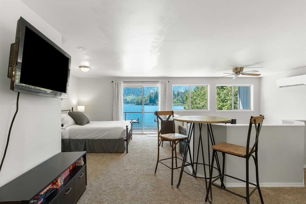 Upper level seating area and television