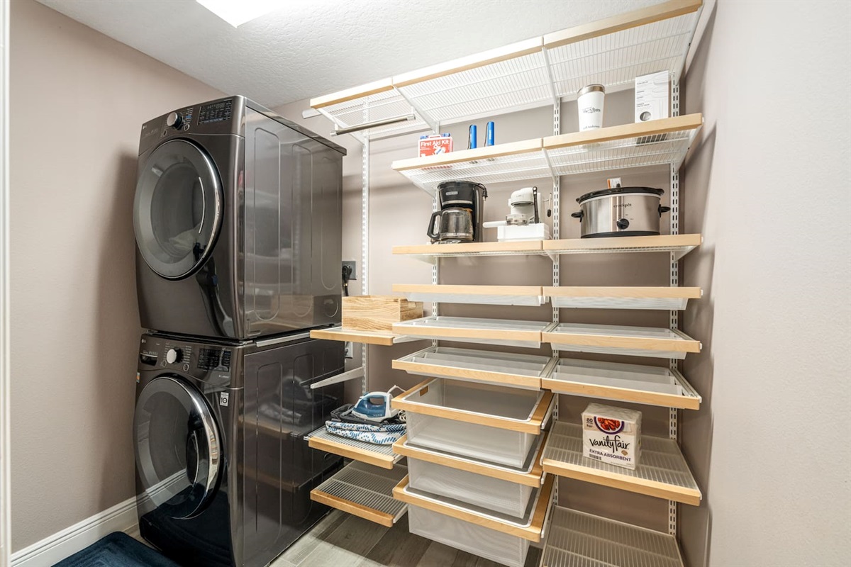 A full-sized washer and dryer are available, and we offer a starter supply of detergent for you.