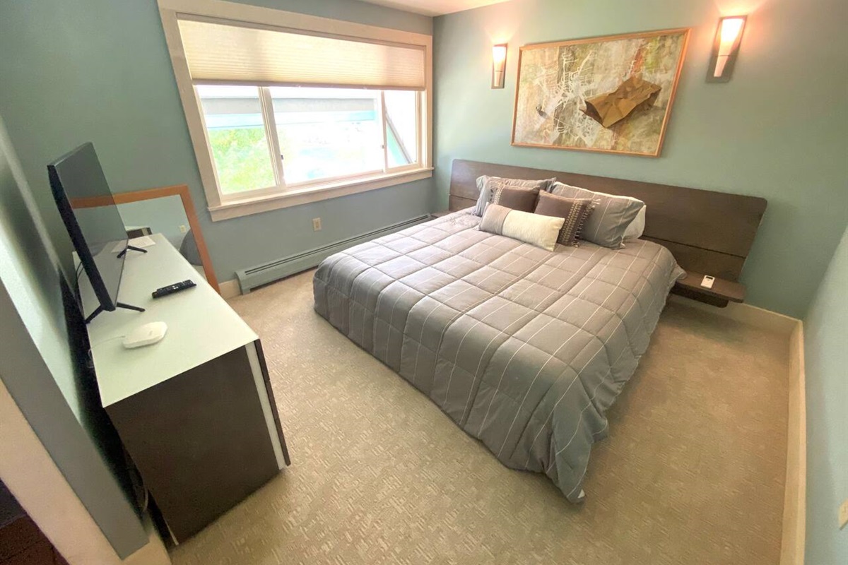 Cozy primary bedroom - new king size bed/mattress, lots of storage (6 drawer dresser, full size closet and storage shelves), vanity, bath and a flat panel TV. Ample natural lighting and ventilation including remote controlled AC.
