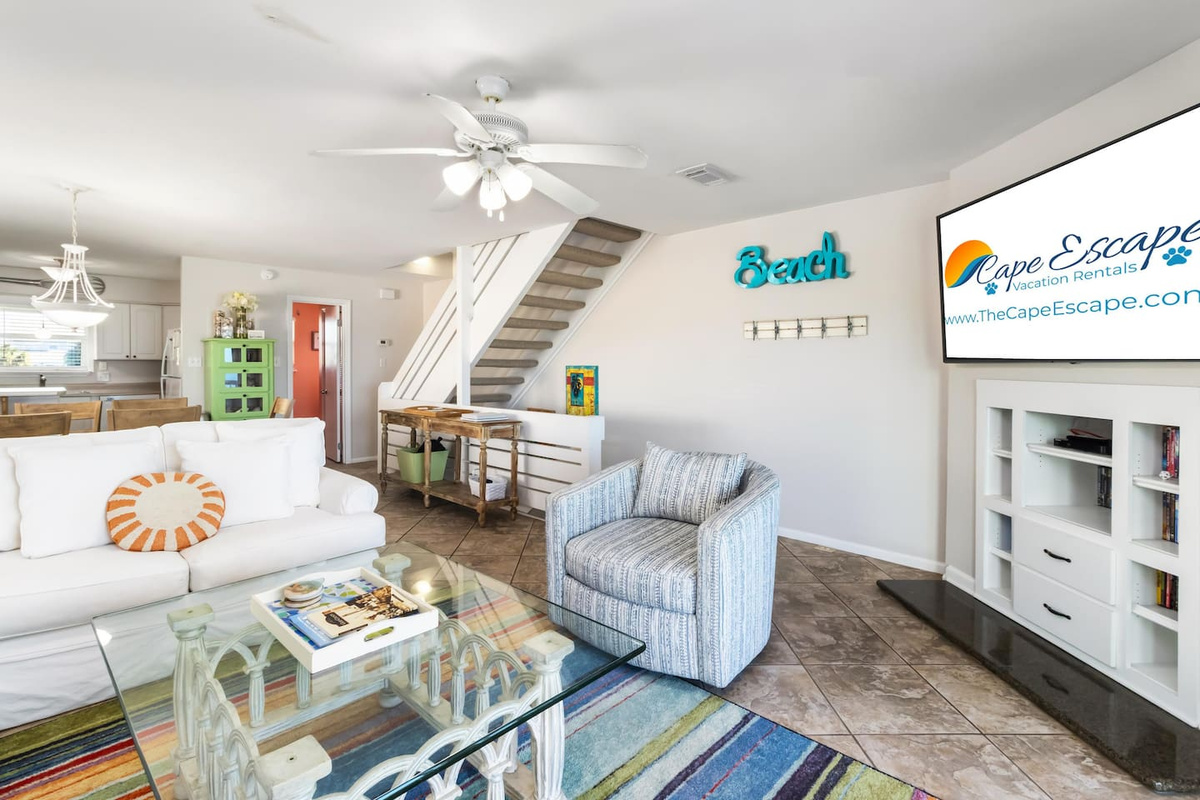 Sit down and spread out &mdash; the main living area has room for everyone, whether it's movie night or a rainy-day board game session.