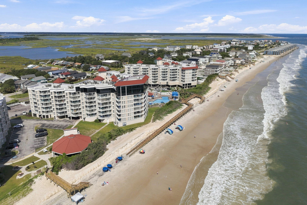 Panoramic aerial view showing how close you really are to the ocean, beach access, and local amenities.