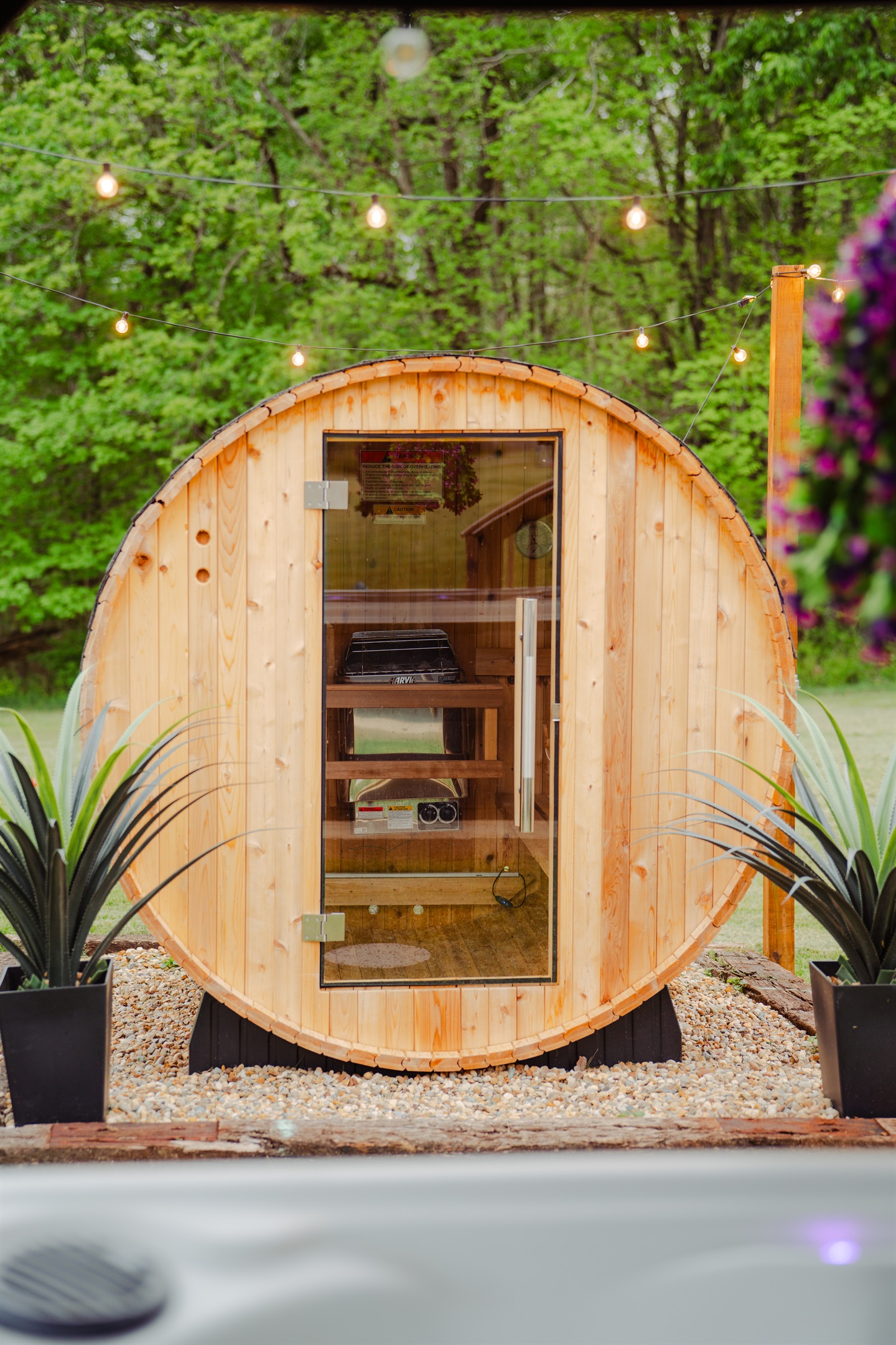 Warm up in the outdoor barrel sauna