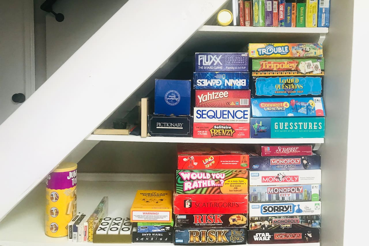 Large collection of board and card games for guests of all ages.
