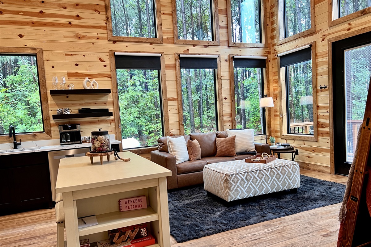 Roller shades provided on lower windows in living and bedroom area.