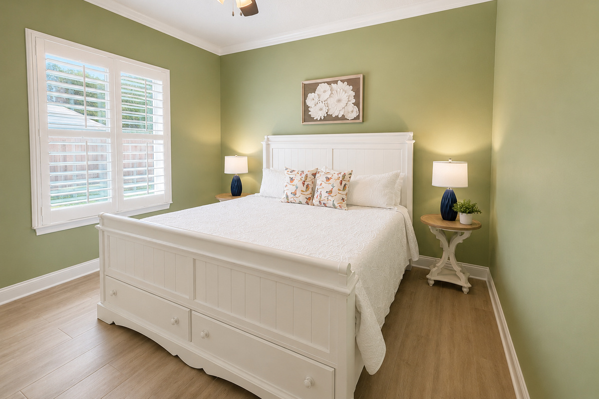King size bed with full bath connected or can open up and share bath