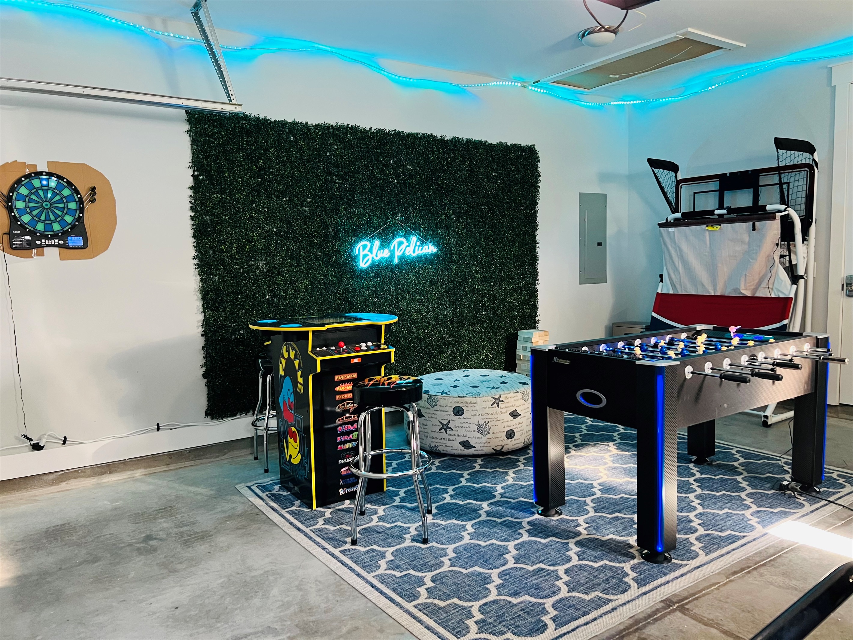 Game Room including 1upArcade, Basketball Arcade, Foosball, Darts, Hookz Ring and String game, and Giant Jenga. Guest challenge to beat the High Score on Galaga! 