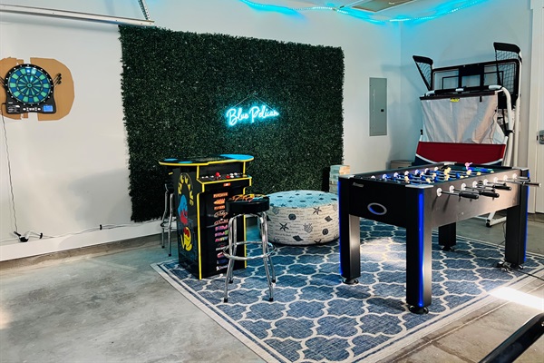 Game Room including 1upArcade, Basketball Arcade, Foosball, Darts, Hookz Ring and String game, and Giant Jenga. Guest challenge to beat the High Score on Galaga! 