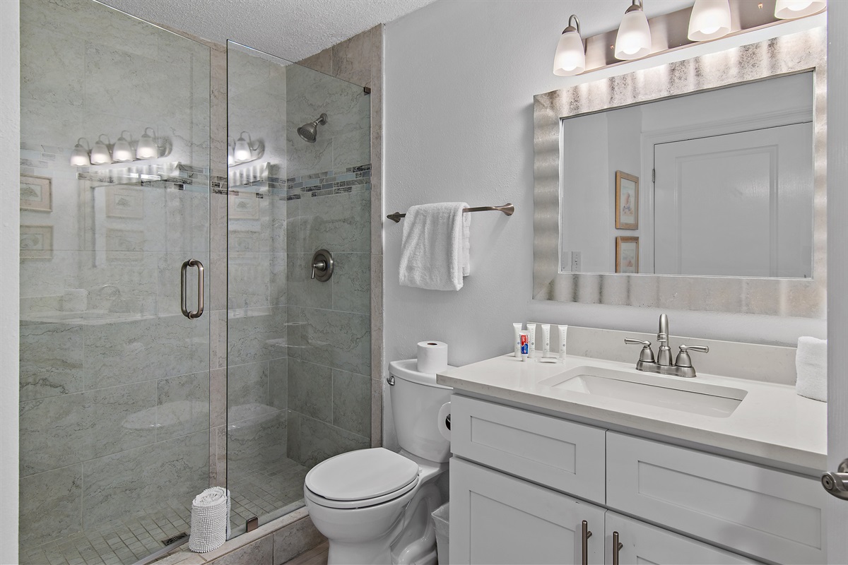 Bathroom 2 is also FULLY REMODELED with an attractive vanity and walk in shower - everyone gets a remodeled bathroom!