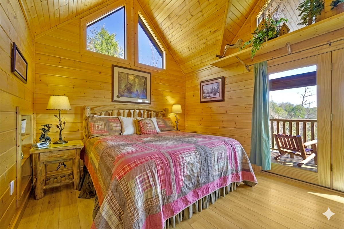 Bedroom #2 - Wake up to sunlight streaming through tall windows and step out to your private balcony for morning coffee with a mountain breeze. A peaceful hideaway that feels like your own secret nook in the Smokies.
