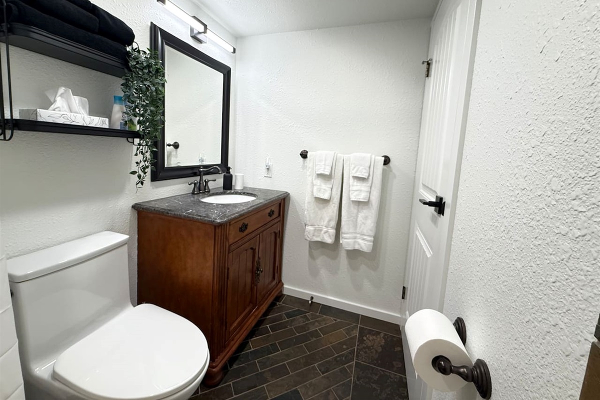 Main Floor Bathroom: Features a new comfort-height toilet and a charming wood vanity with storage shelves for personal items.