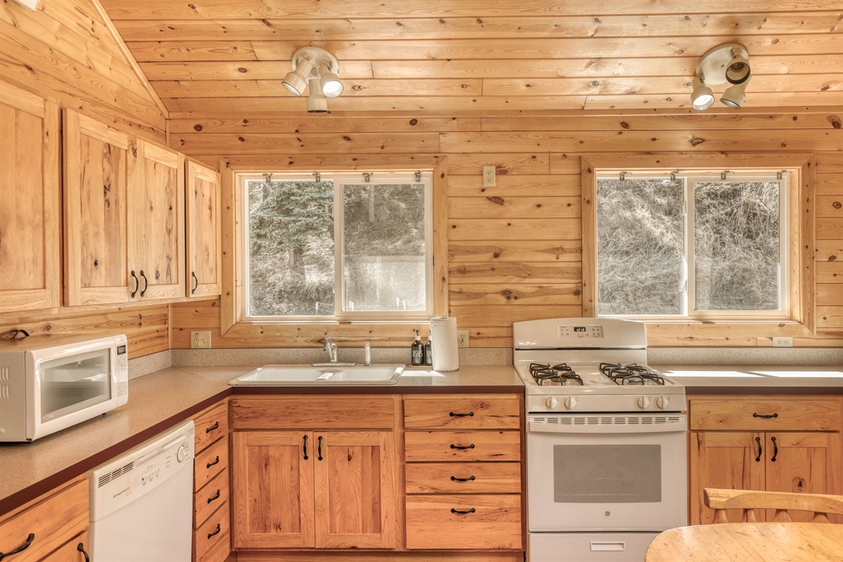 Kitchen with oven, stove, microwave
