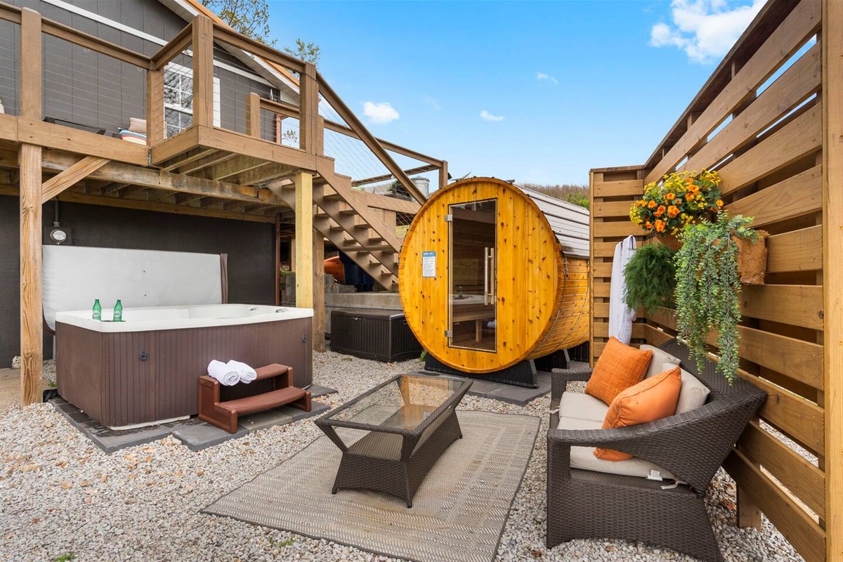 Your private outdoor oasis - sauna, hot tub, and cozy lounge.