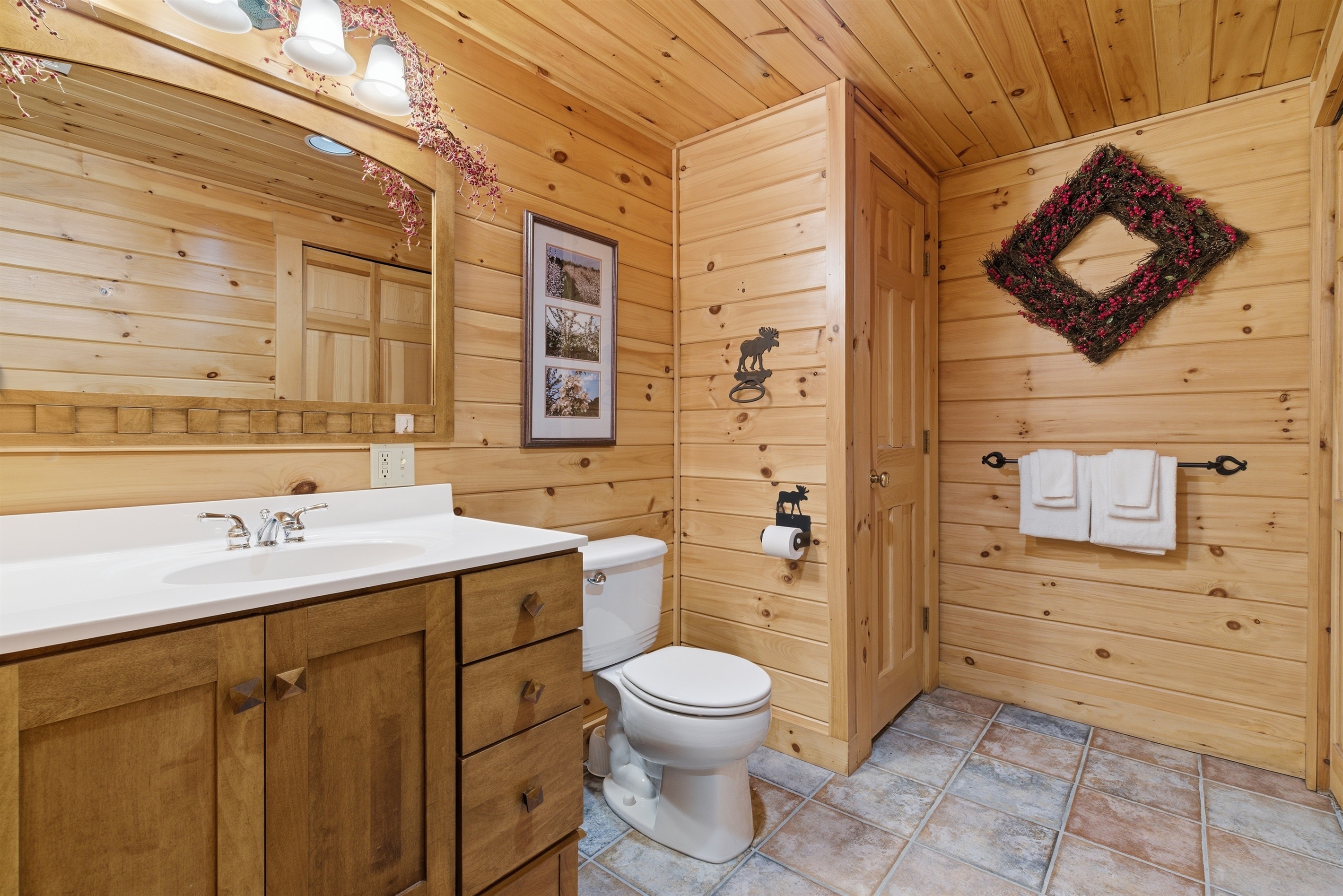 A full bathroom designed to make group stays easy and convenient.