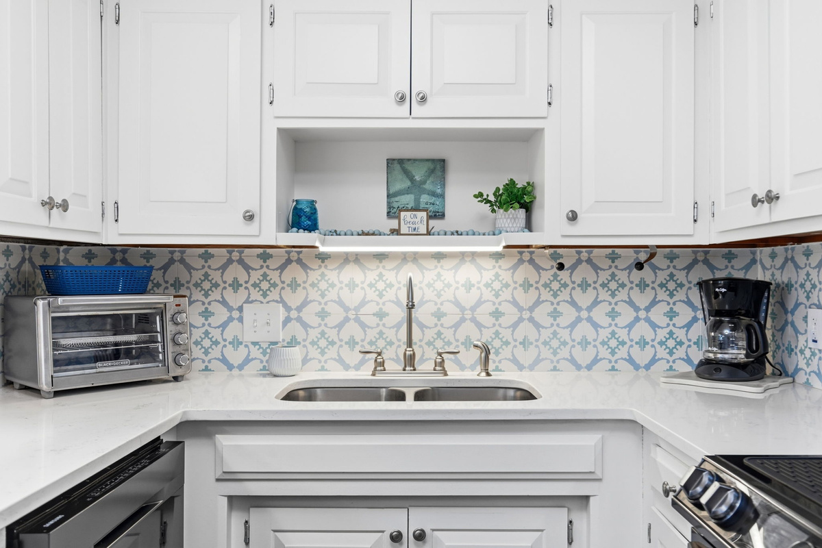 A convenient coffee station and toaster oven make mornings effortless.