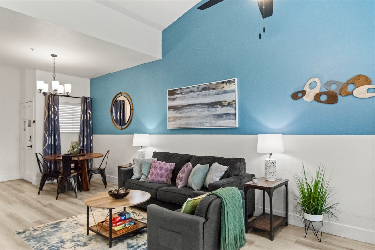 Bright living and dining space with a cozy feel