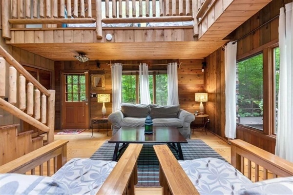 Front Entrance with sitting area- Upscale Log Home feel