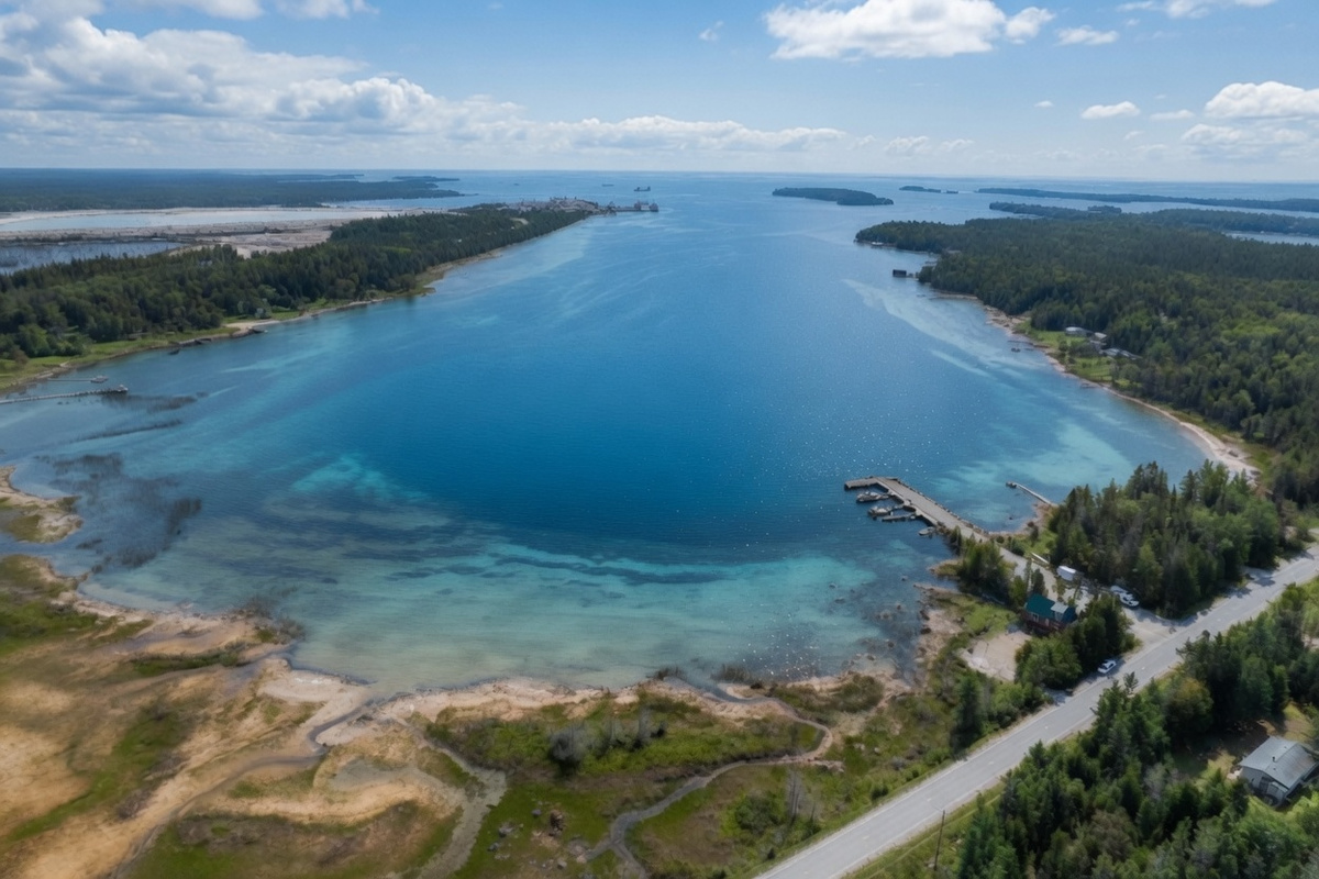 Aerial shot of McKay Bay and the marina next to the house.