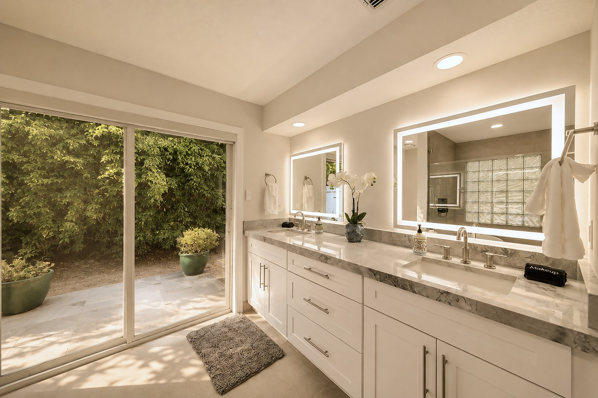 Start and end the day easily with a double vanity, backlit mirrors, and direct access toward a private outdoor area.