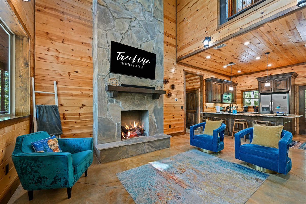 Sit back by the fireplace in plush velvet chairs, where the ambiance is just right for relaxed evenings indoors.