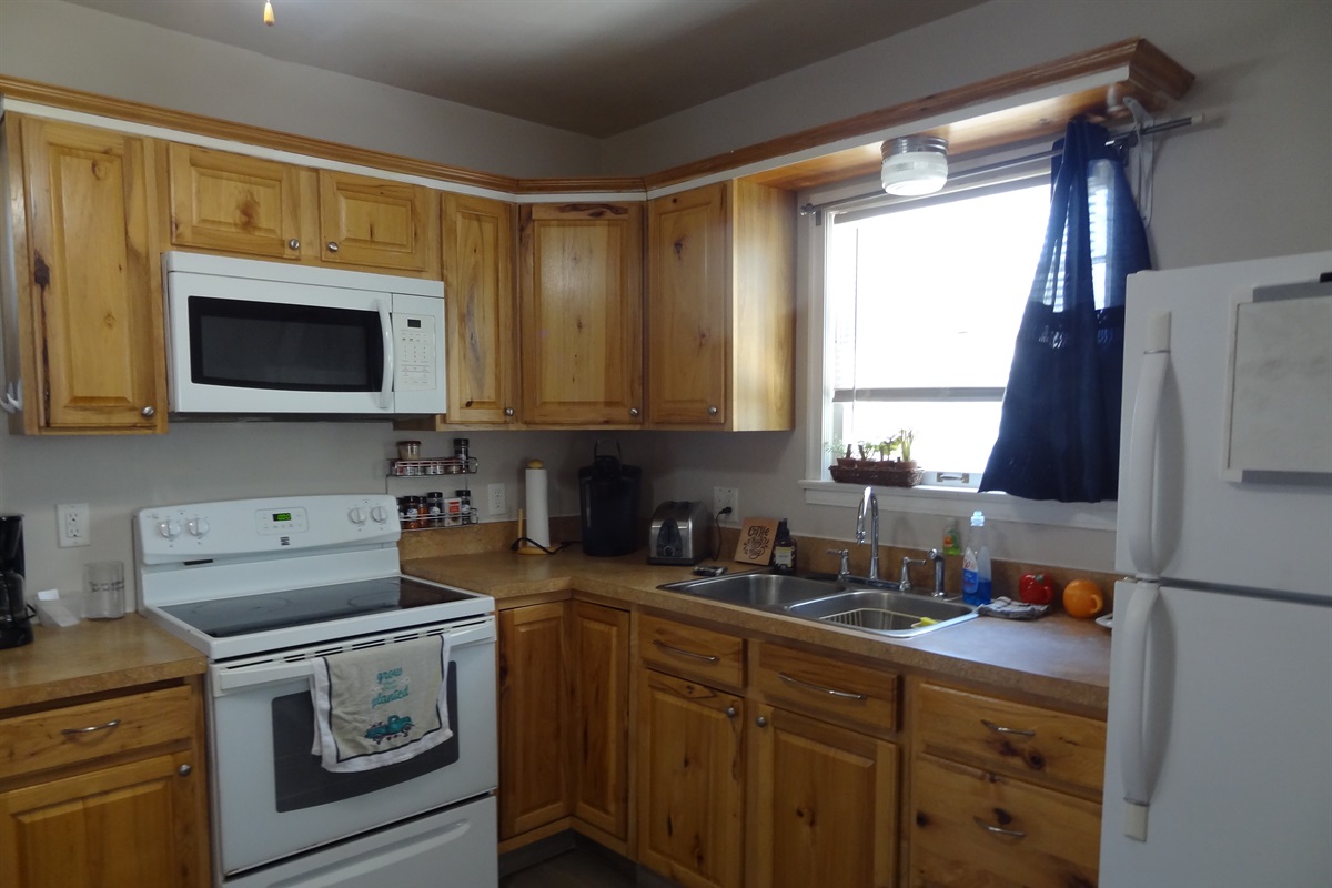 Kitchen with full stove and refrigerator