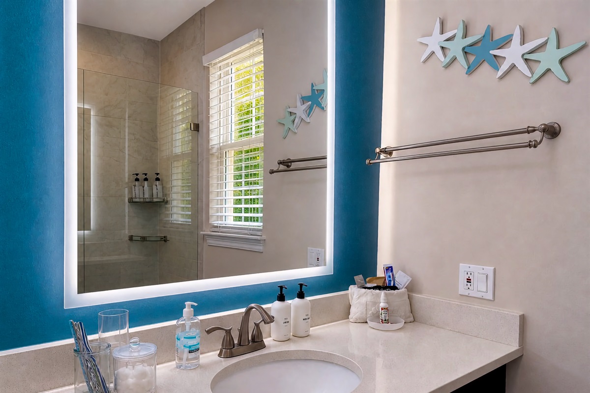 Our LED mirror in the master bathroom provides great lighting for gearing up to head out for fun!