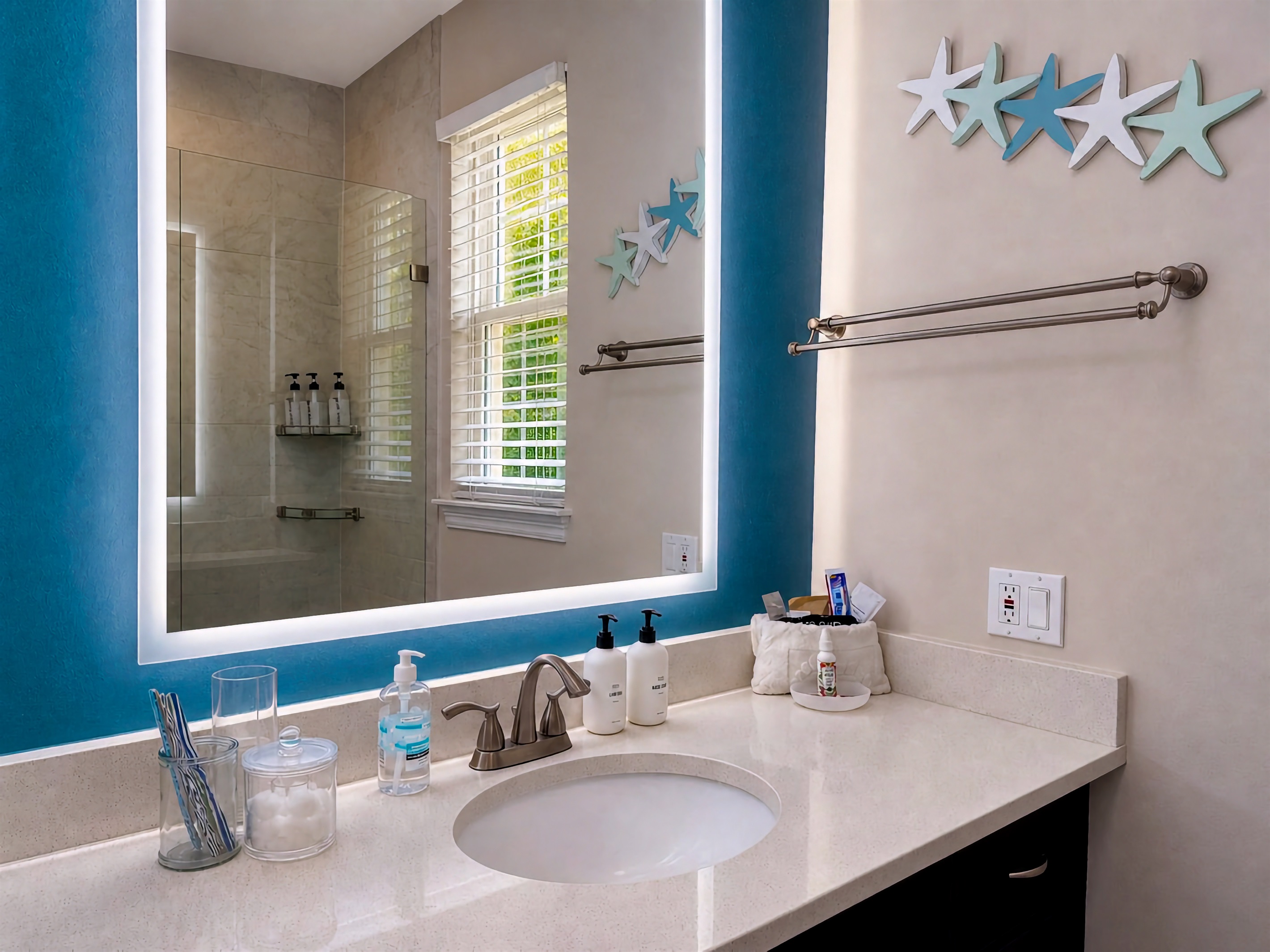 Our LED mirror in the master bathroom provides great lighting for gearing up to head out for fun!