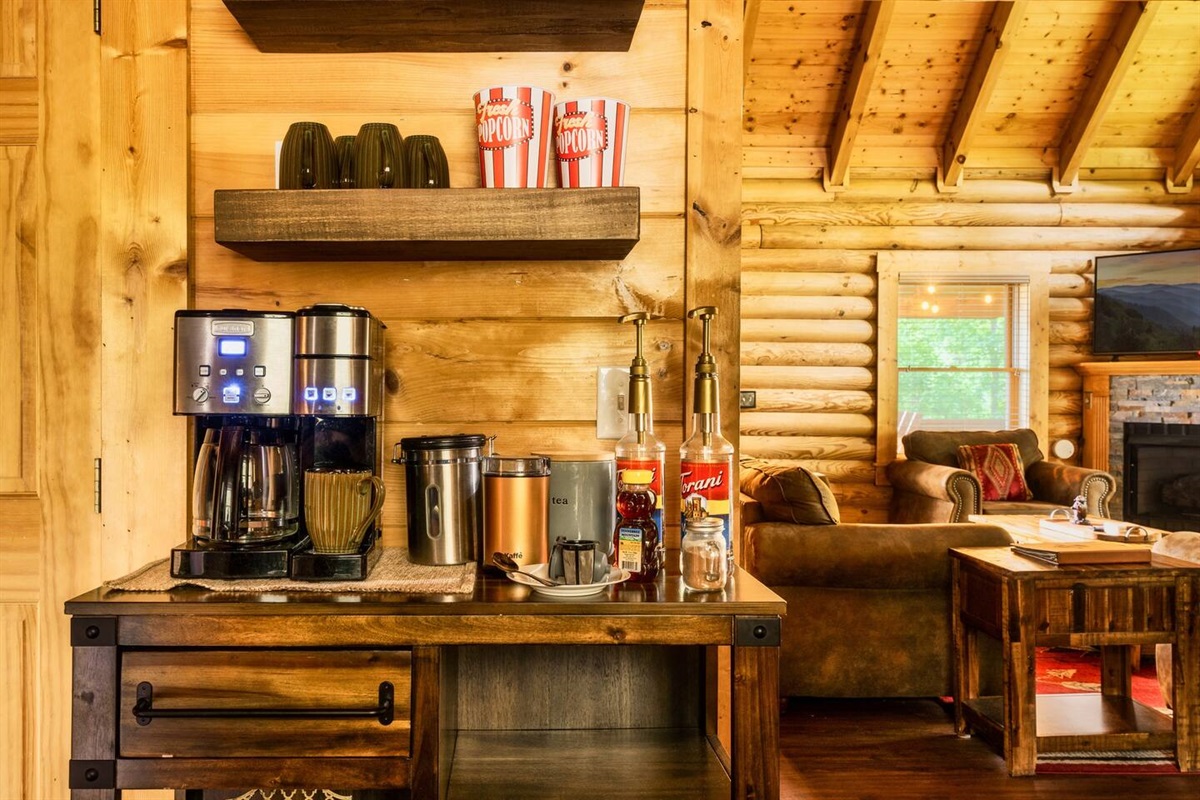 Coffee Bar area with coffee, tea, and condiments provided