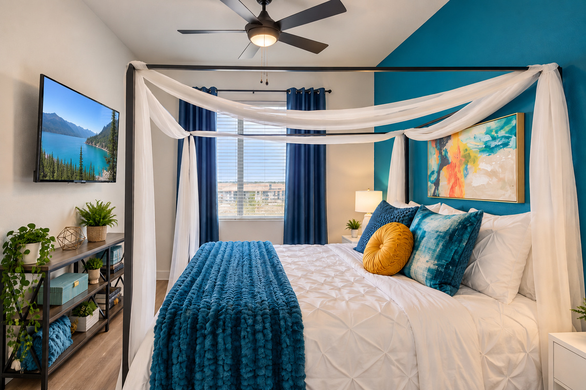 Cozy bedding and serene décor make every night festive and restful.”